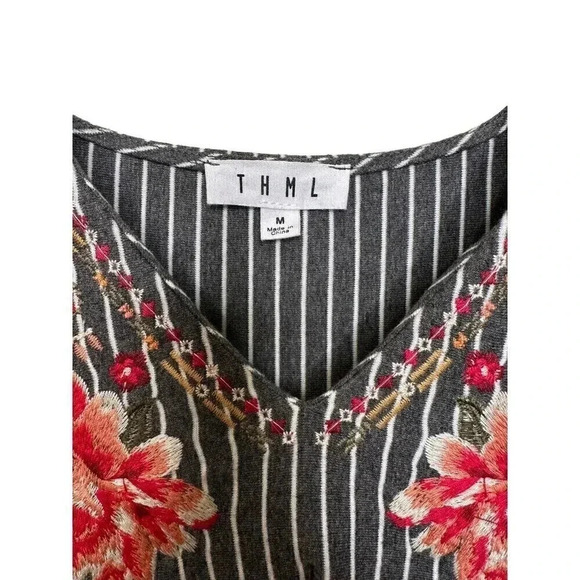 THML Anthropologie Embroidered Dress Cotton Grey Striped Floral Size Medium - Picture 4 of 9
